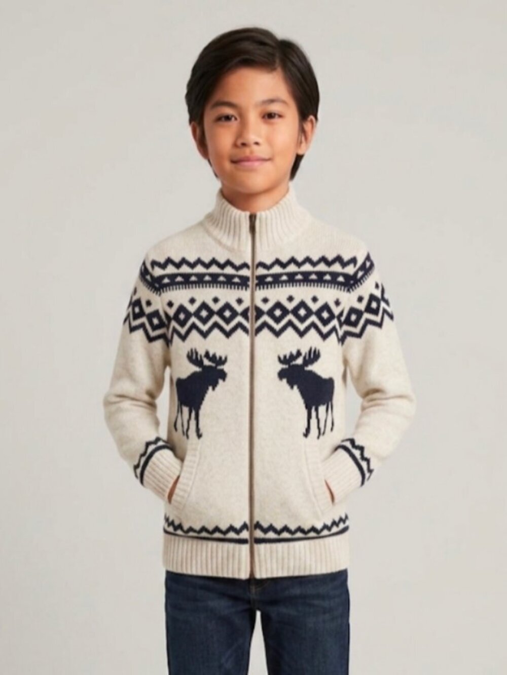Abercrombie Kids Full Zip Fair Isle Sweater Moose Size 11/12 Oatmeal Navy